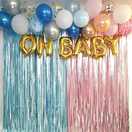 Tende con frange in lamina metallica, 9,1 x 2,1 m, per baby shower, rivelano il genere della decorazione della festa, sfondo fotografico per feste (rosa/blu)