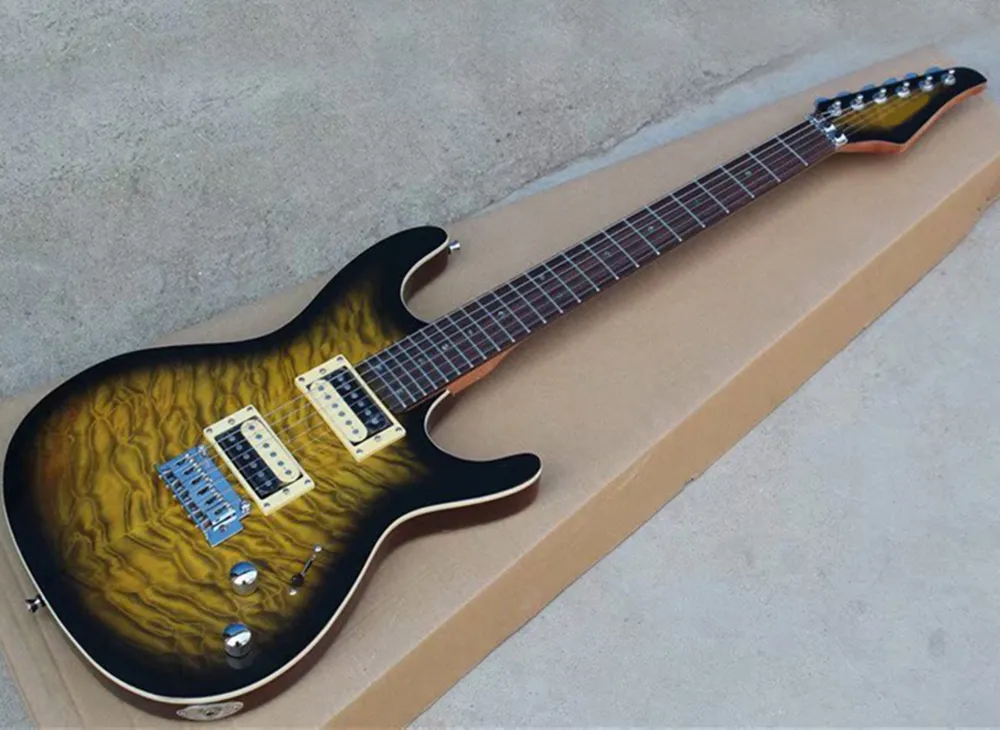 Zwarte gele elektrische gitaar met HH-pickups, Wolken Maple Fineer, 24 frets, abalone inlay, kan worden aangepast