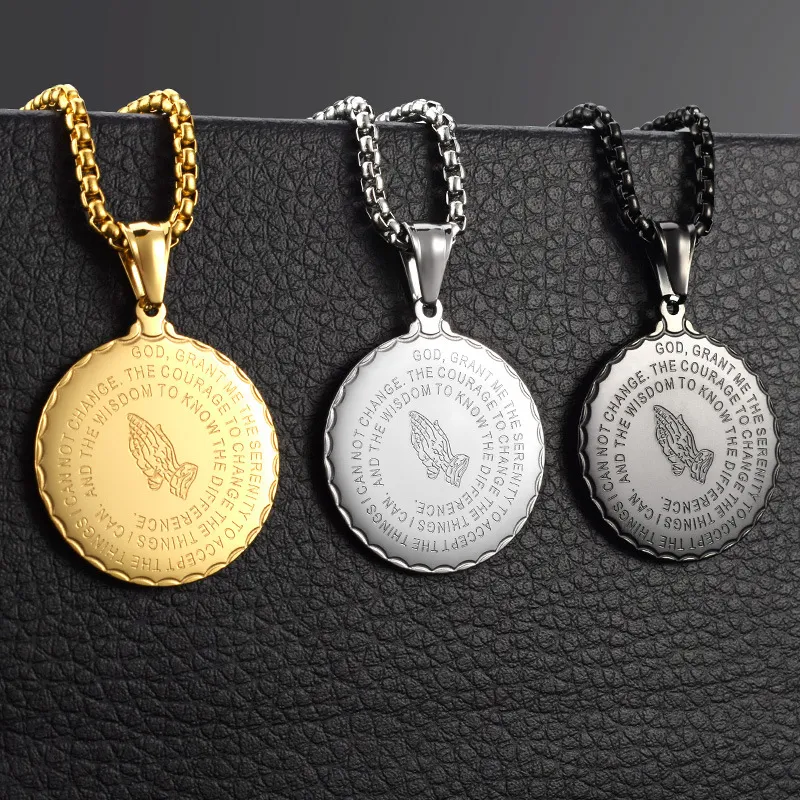 Stainless steel pendant religious muslin islamic catholic GOD prayer gold black silver round cross love The Praying Hands Scripture necklace