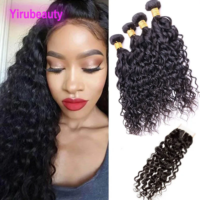 Cheveux vierges malaisiens 4 faisceaux avec fermeture en dentelle 4X4 vague d'eau couleur naturelle 95-100 g/pièce faisceaux de cheveux humains humides et ondulés avec fermeture