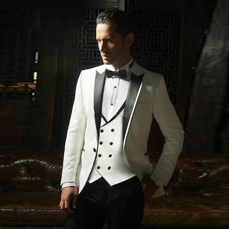 Slim Fit Blanc Tuxedos De Marié Noir Peak Revers Groomsman Mariage Tuxedos Mode Hommes Veste De Bal Blazer Costume 3 Pièces (Veste + Pantalon + Cravate + Gilet) 862