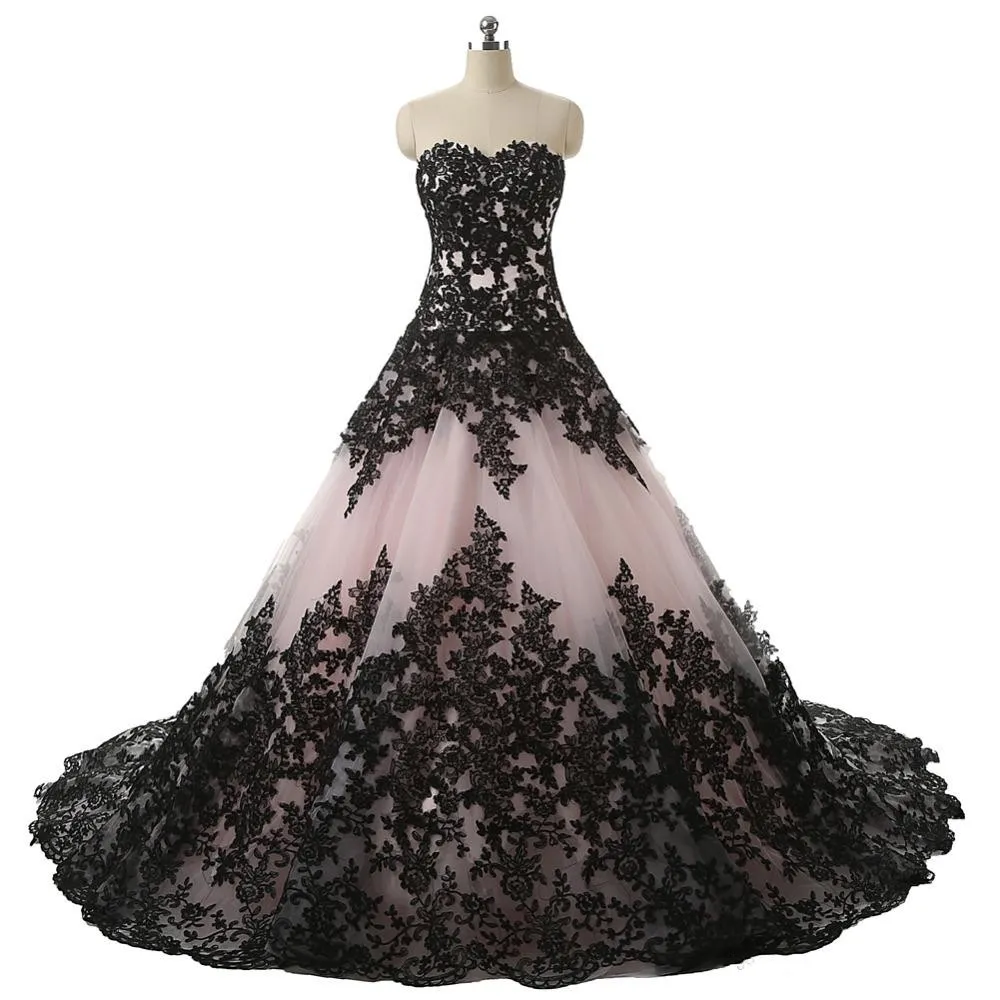 2020ファッション黒と赤面ピンクのウェディングドレス恋人のネックラインの形ラインレースアップバックカラーブライダルガウンオンラインVestidos de Novia