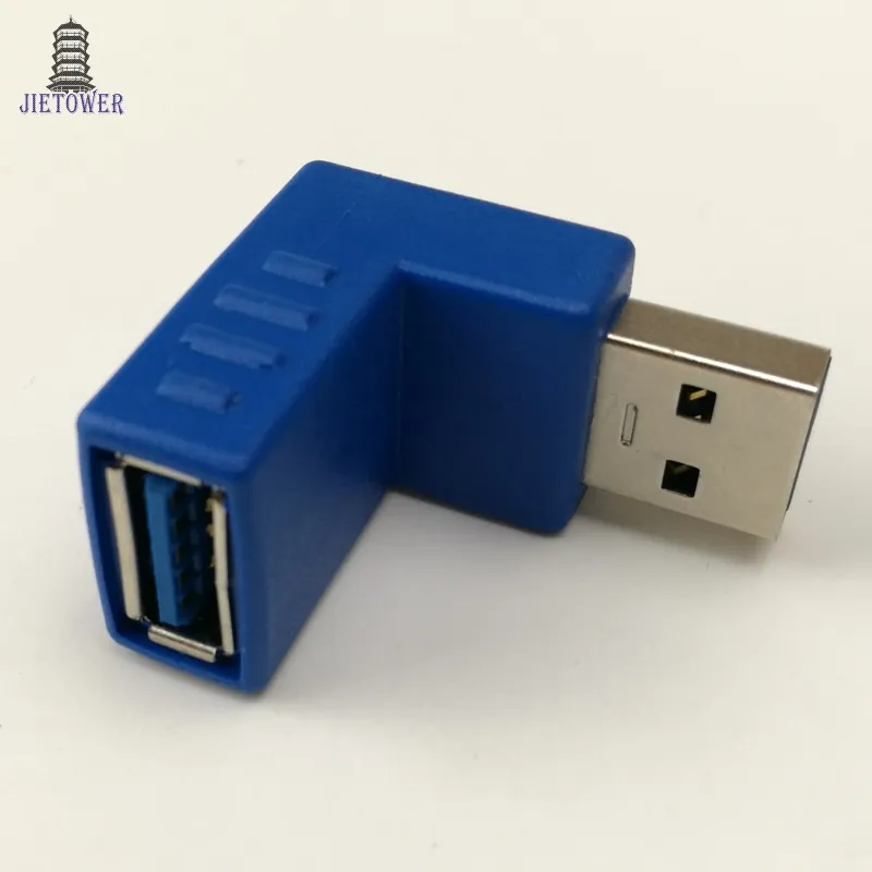 100PCS / LOT RIGHT ANGLE USB 3.0 Typ A Man / Kvinna till Kvinna Blå Vinkel Cross Type Adapter Coupler Könväxlare Connector Snabb hastighet