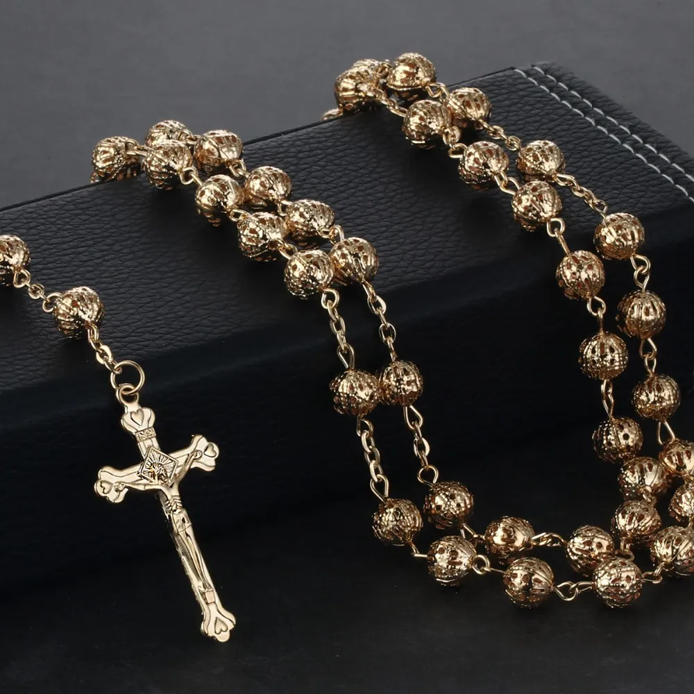Elegant Rosary Style Beaded Necklace: Gold Silver Tone Cross Pendant for  Men Women Shop Now!