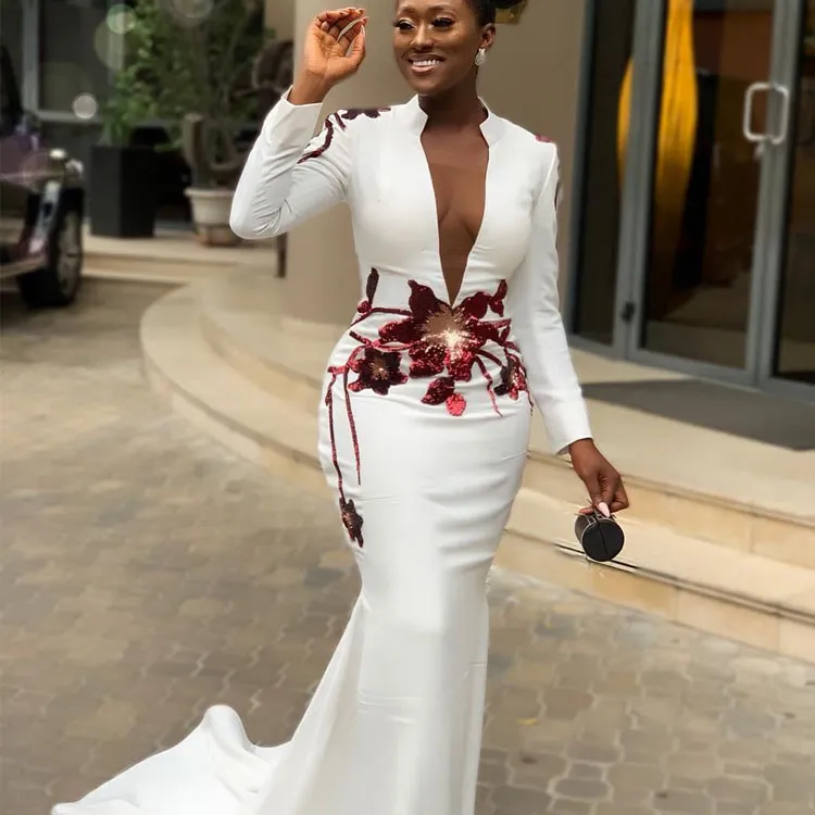 Stunning White Mermaid Long Sleeve Evening Dresses With High