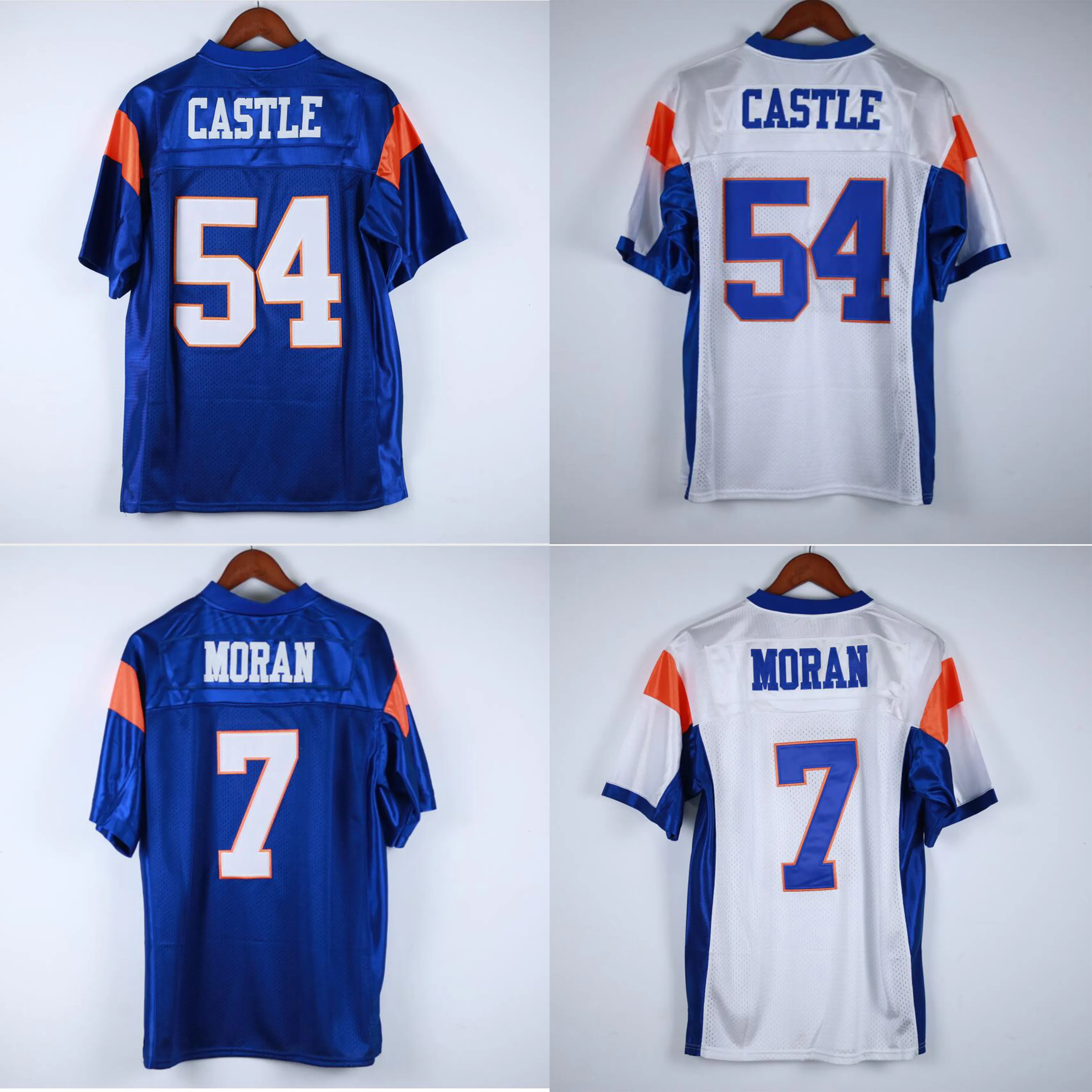 팬 Tops Tees 7 Alex Moran 54 Thad Castle Football Jersey Blue Mountain State BMS TV 쇼 염소 더블 스티치 이름 및 번호 최고 품질 J240309