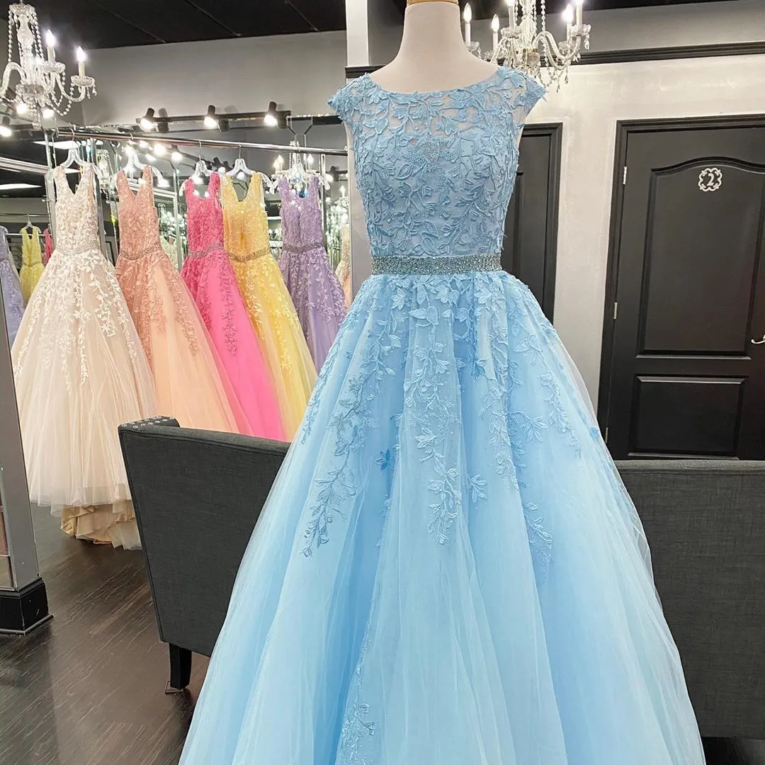 Pretty Light Sky Blue Beading Tulle Ball Gown Princess Prom Dresses Y0172 -  ShopperBoard