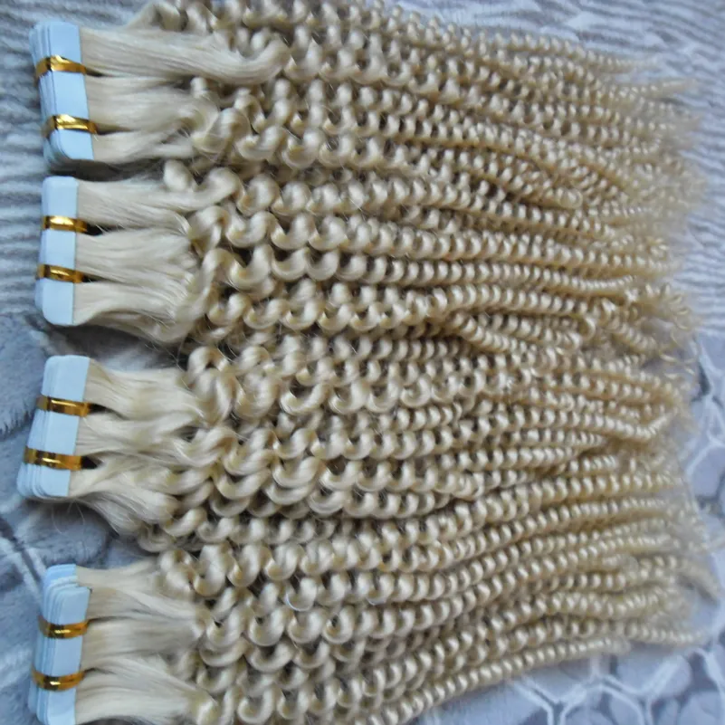 Blond brasiliansk hårband i mänskliga hårförlängningar Kinky Curly 10-24 "200g 80pcs Loose Curly Tape In Hair Extensions Blondin Väft