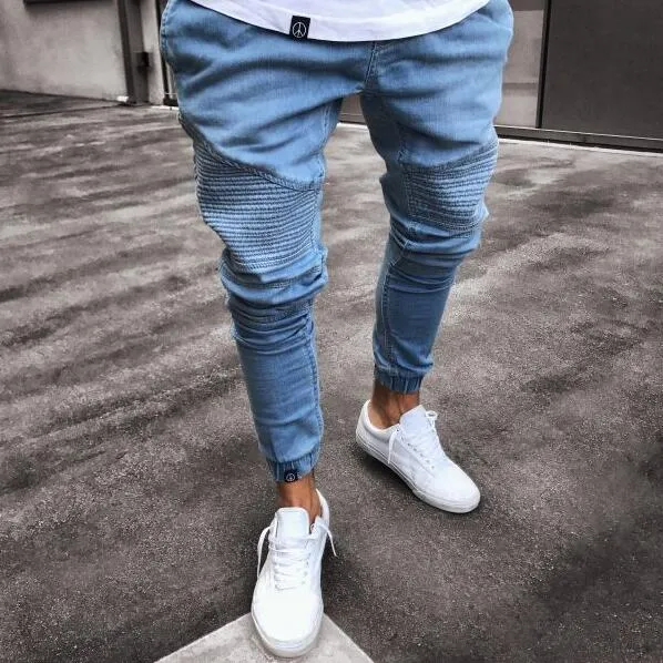 Mens Super Skinny Light Blue Jeans Fashion Designer pleated Panelled Denim Joggers Washed Stretch Biker Pencil Pants Trousres