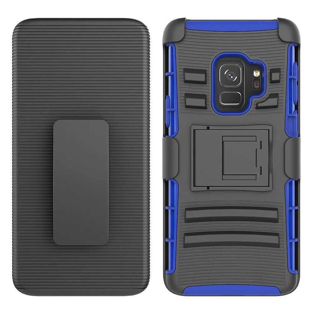 3-i-1 med Kickstand Swivel Belt Clip Case Cover ShockoProof PC + Silikon Skyddskal för Samsung Galaxy J2 Core S8 Active S7 Active