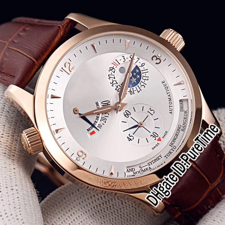 Nuovo Master Control World Geographic Q1502420 Orologio da uomo automatico con quadrante argentato in oro rosa con riserva di carica in fase lunare Orologi in pelle Puretime 02