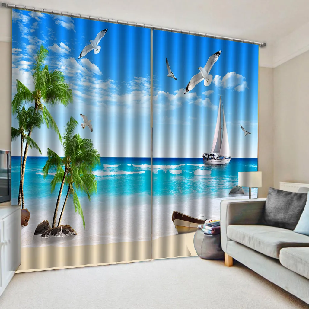 Luxury Blackout blue beach curtains 3D Window Curtains For Living Room Bedroom Customized size Decoration curtains