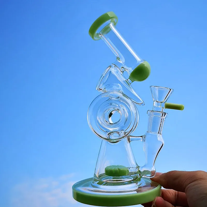 Duplo Recycler Bondos de Vidro Heady Bongs Sidecar Bong Hookahs Slitted Donut Perc Tubos de Água 14mm Junta feminina com tigela 4mm de espessura 11 polegadas Óleo Dab