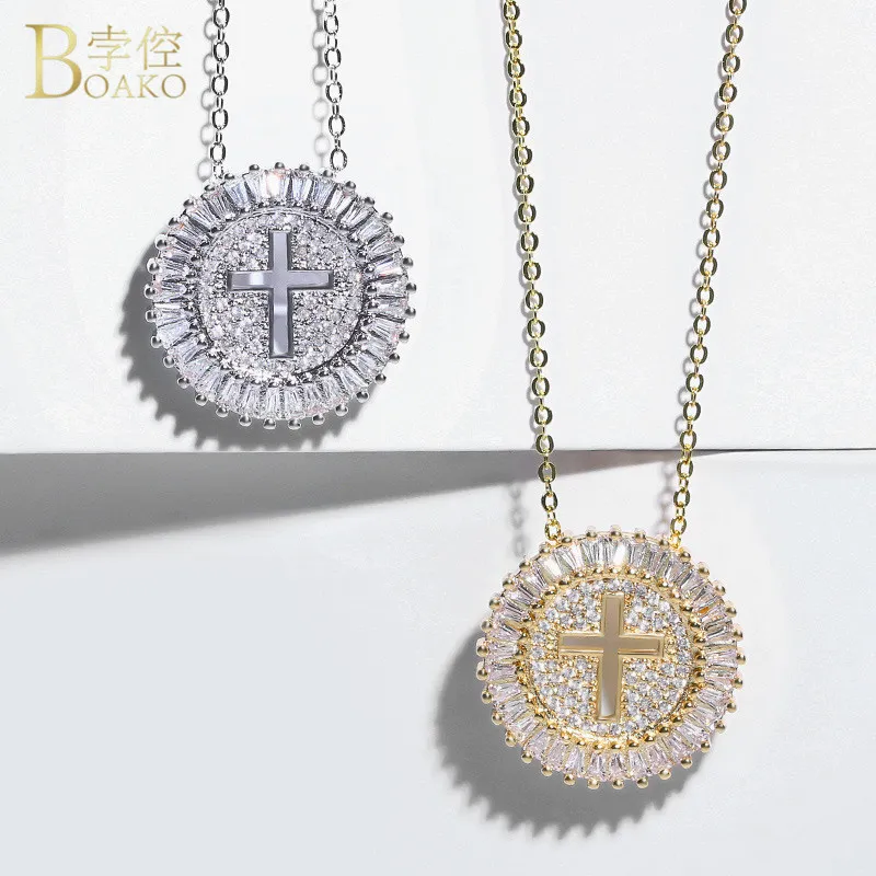 Boako Crystal Rhinestone Cross Ketting Dames Goud Zilver Kleur Ronde Cirkel Hanger Ketting Lange Ketting Hiphop Sieraden