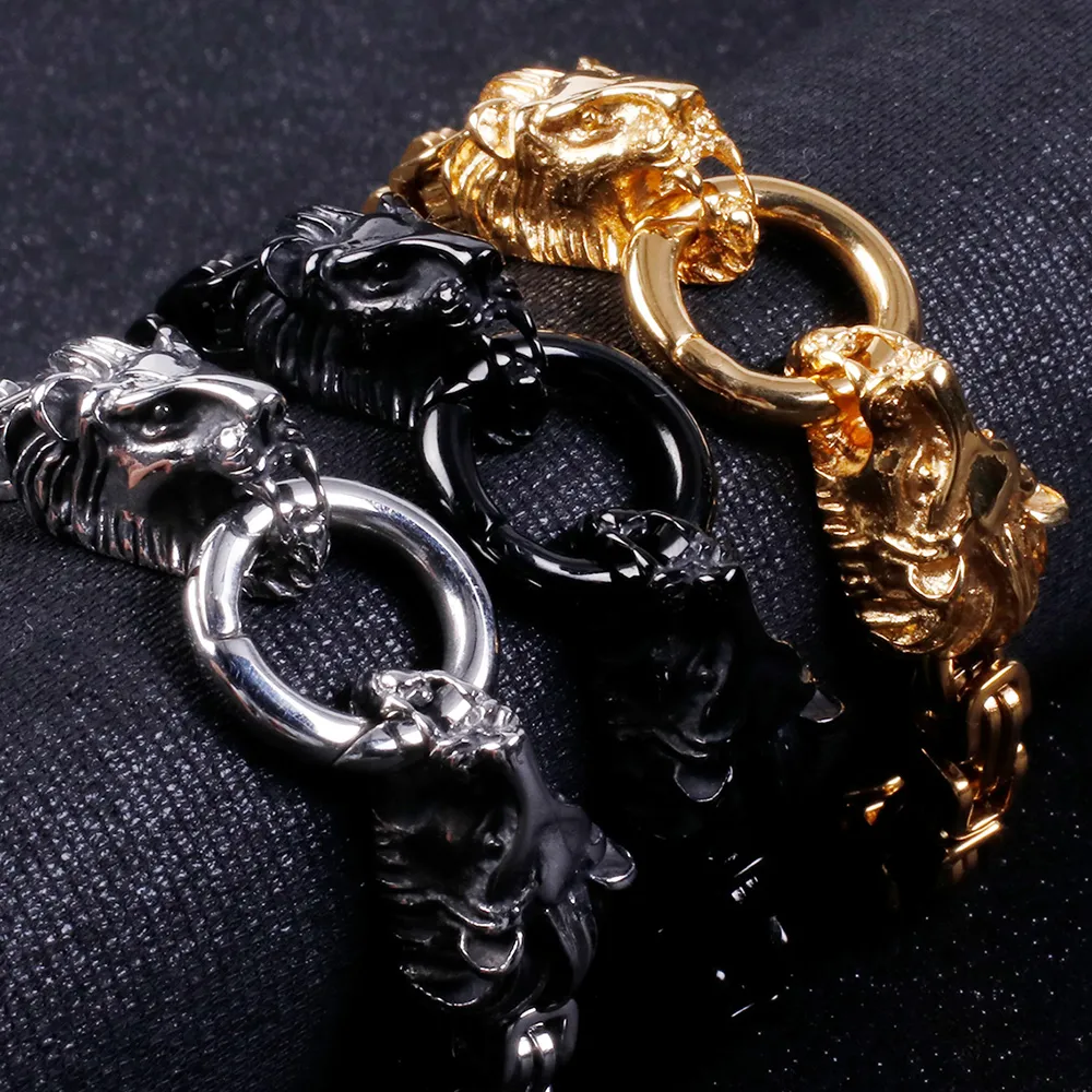Hiphop Cool Lion Head Bracelet For Men Punk Rock Never Fade 316L Stainless Steel Men's Biker Byzantine Chain Bracelets Jewellery