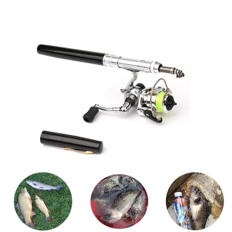 Mini canne à pêche de poche en forme de stylo, canne pliée avec moulinet en métal, accessoires de roue