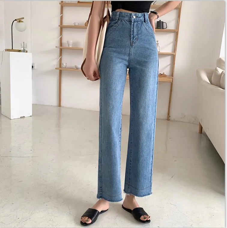 Office Lady High Waist Long Loose Straight Jeans Wide Legged Pants