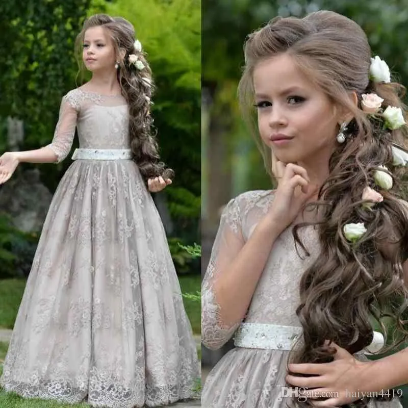 Princess Girls Pageant Dresses Jewel Neck Half Sleeves Full Lace Applique Sash Beaded Long Party