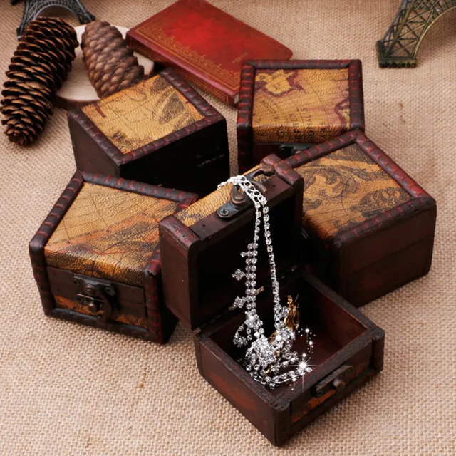 Mini Wooden Storage Box Case Jewellery Cufflinks Chest Small Gift Vintage Map