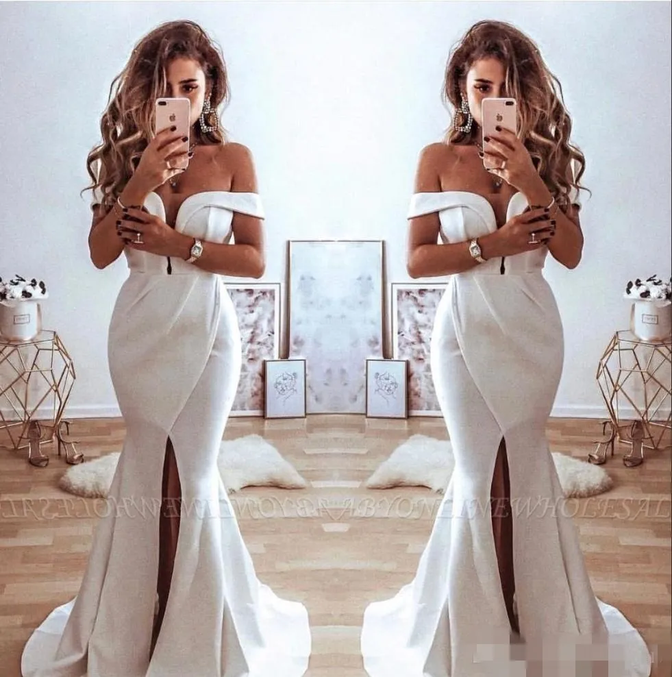 White Off Elegant The Shoulder Prom Dresses Satin Sweep Train Front Slit Plunging Mermaid 2019 Custom Made Evening Gown