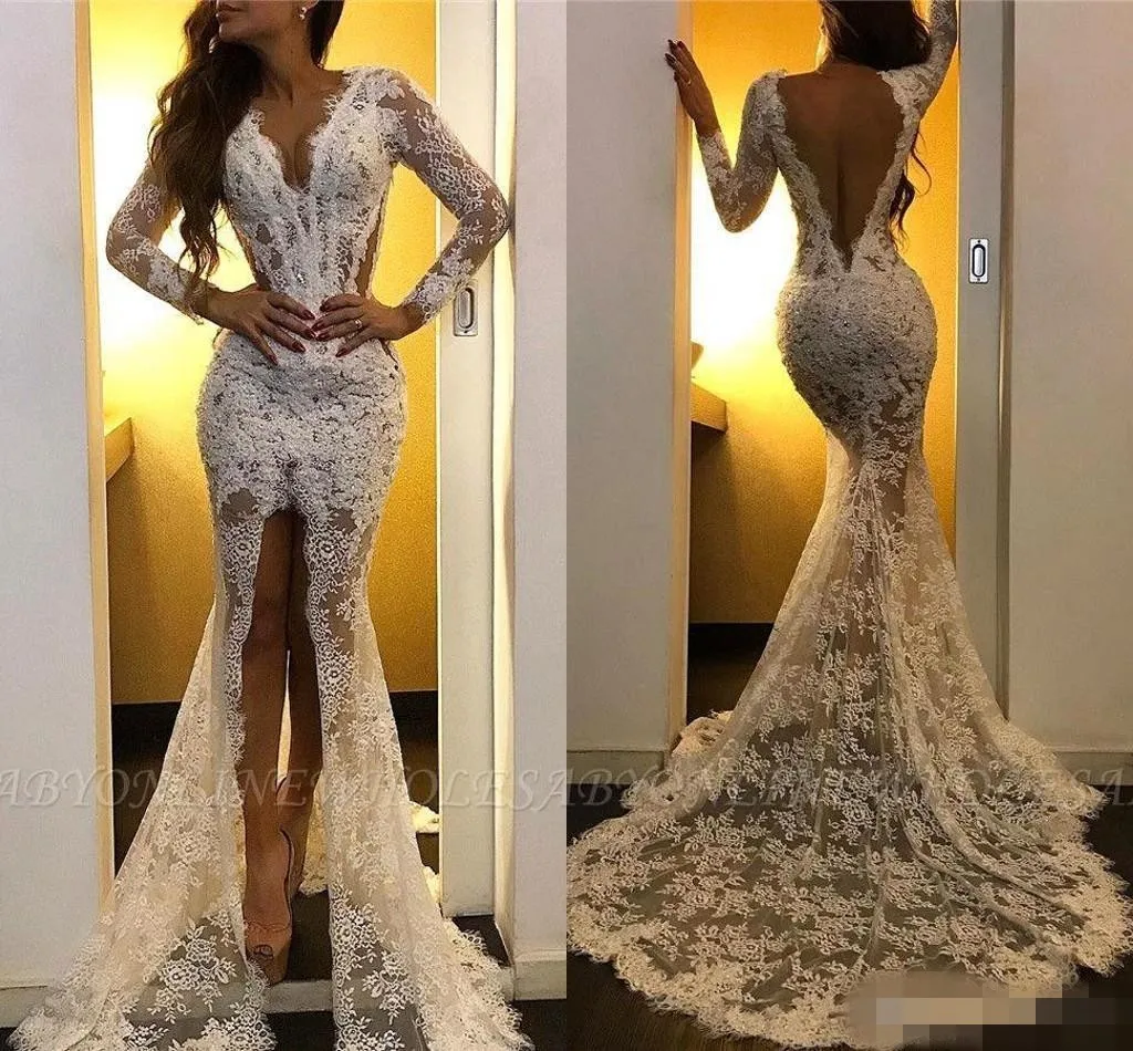 Deep 2020 Sexy V Neck Lace Prom Dresses High Split Slit Backless Appliqued Long Sleeves 공식 이브닝 가운 맞춤형 유명인 파티웨어