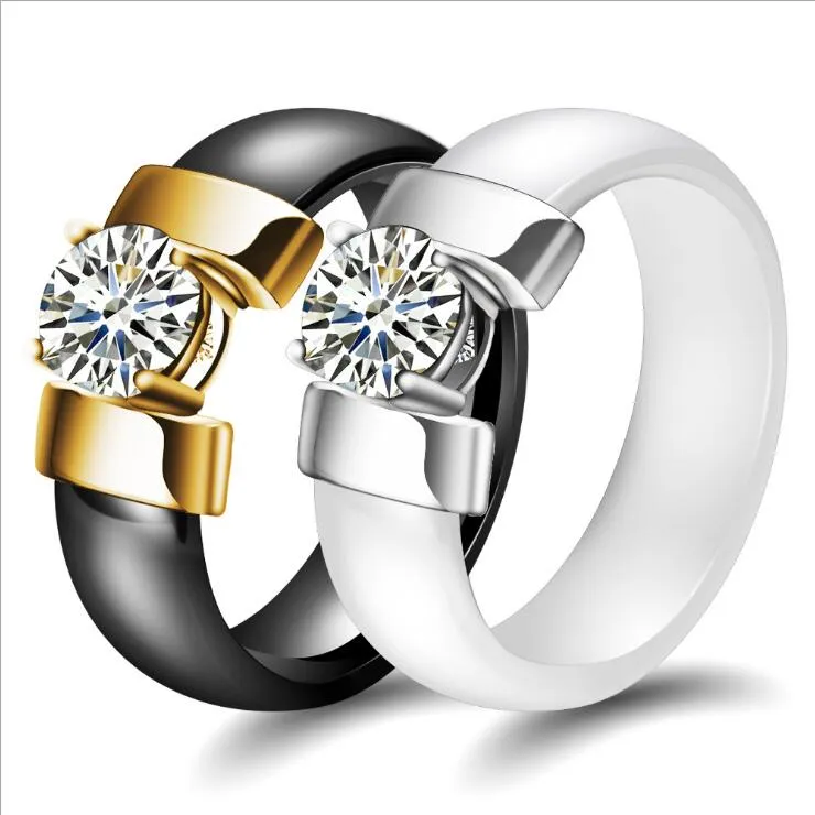 Bagues de Couple en céramique pour hommes et femmes, grossiste, bague lisse en Zircon noir et blanc, bijoux tailles 5 à 10