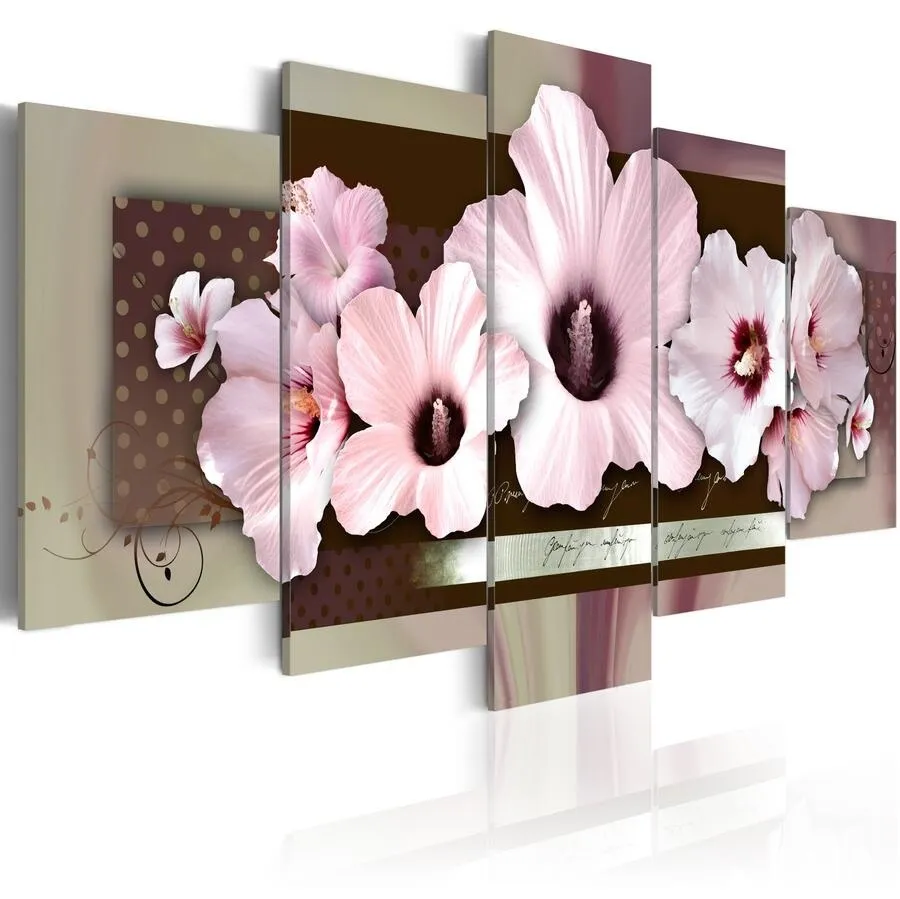 HD (프레임 없음) 5PCS / 세트 현대 캔버스 회화 핑크 히비스커스 꽃 아트 인쇄 Frameless 캔버스 회화 벽 그림 홈 인테리어