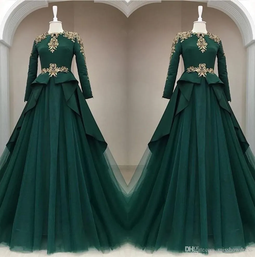 Green Tulle Dark A Line Evening New Arabe Sleeves Lace Applique Musulman Long Formal Prom Prom Wear Robes Robe de Mariee Rabic Pplique