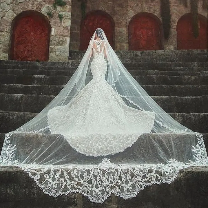 Incrível 3m longos véus de casamento comprimento da catedral uma camada apliques borda tulle véu nupcial para mulheres acessórios de cabelo