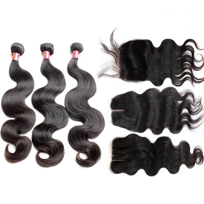 Bella Hair Bundles With Closure Peruvian Full Head Unprocessed Weave Natural Color Body Wave Extensions 4PCS/Lot