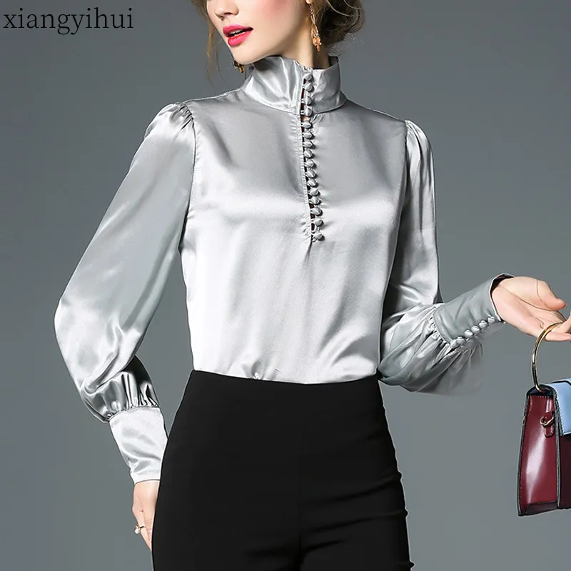 Women's Blouses & Shirts Office Lady Satin Silk Blouse Women Vintage Turtleneck Long Sleeve Shirt Casual Lantern Grey Purple White Blusa Fem