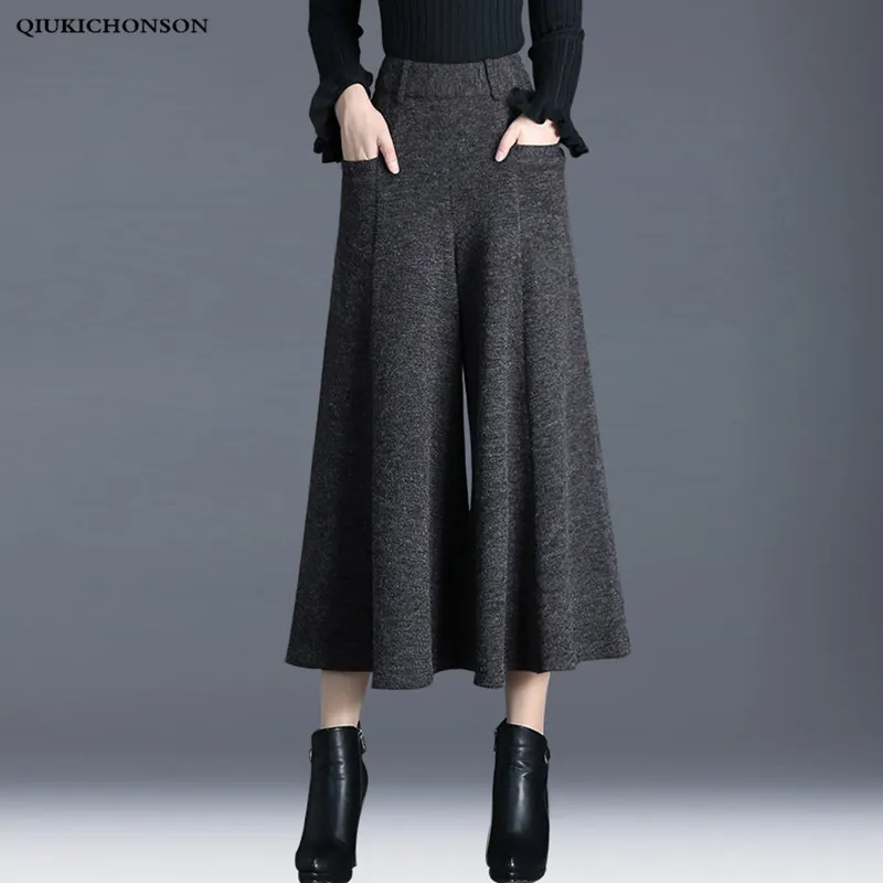 السراويل الشتوية النساء عالية مخصر الكاحل طول الصوف السراويل الساق واسعة culottes السيدات السراويل pantalon pantalon palazzo موهير