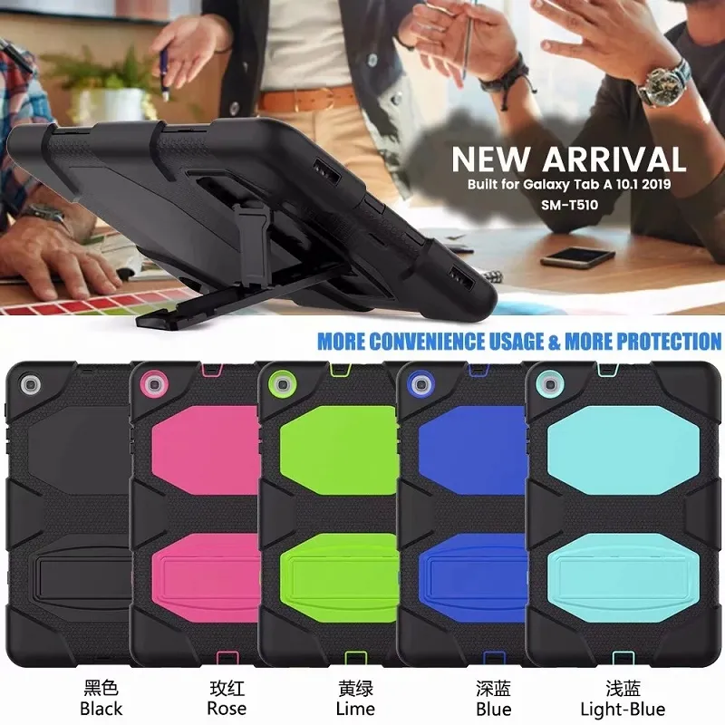 Silicone Silicone iPad tablet PC Case para Samsung Galaxy Tab T510 10.1inch Military Extreme Resistente à prova de choque com protetor de tela Kickstand Stand Cover