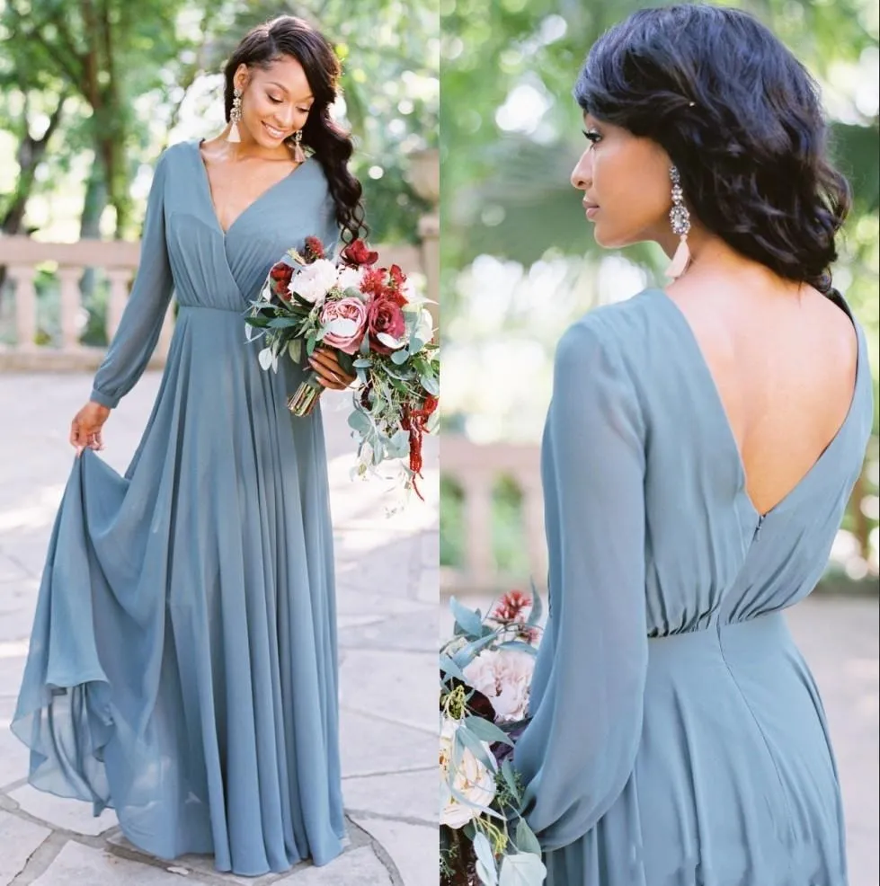 2020 Z Długim Rękawem Kraj Beach Druhna Dresses Plus Size V Neck Wedding Guest Dress Backless Szyfonowa Maid of Honor Suknie Al5000