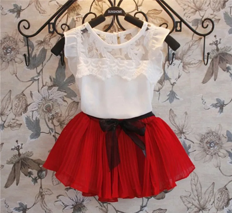 Hot Baby Meisjes Zomer Chiffon Jurk Pak Baby Meisjes Bowknot Geplooide Rok Kleding Meisjes Flying Mouw Rok Set Gratis verzending