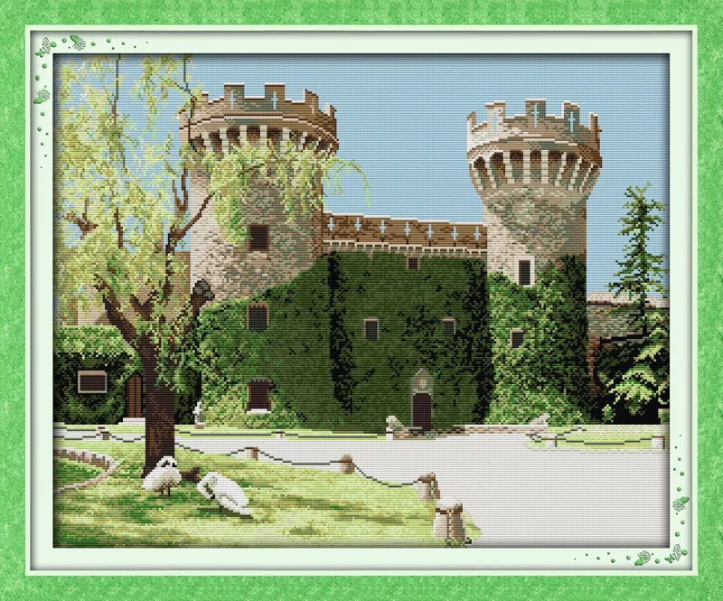 Rural old castle decor painting ,Handmade Cross Stitch Embroidery Needlework sets counted print on canvas DMC 14CT /11CT