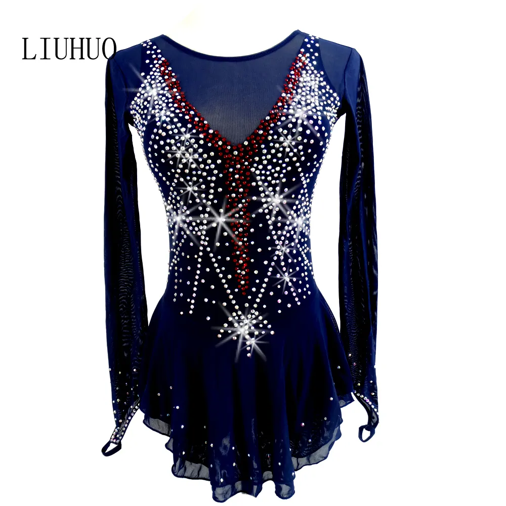 Liuhuo Kunstschaatsen Jurk Blauw Sparkly Rhinestones Mesh Splice Ice Skating Jurken Gymnastics Meuters