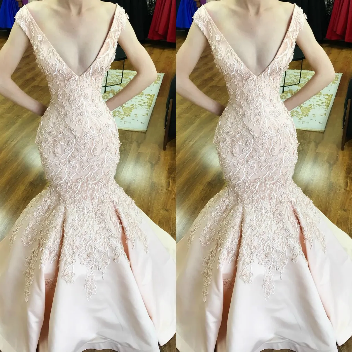 Seksowna Luksusowa Koronka Zroszony 2019 Prom Dresses Deep V Neck Mermaid Satin Formalne Suknie Wieczorowe Noble Sexy Page Cartoret Dress