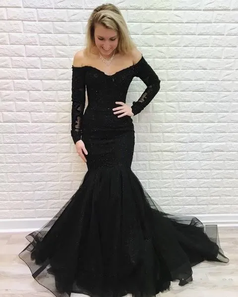2020 New Luxury Black Arabic Mermaid Prom Dresses Off Shoulder Lace  Appliques Long Sleeve Plus Size Backless Sweep Train Party Evening Gowns  From Crystalxubridal, $102.56 | DHgate.Com