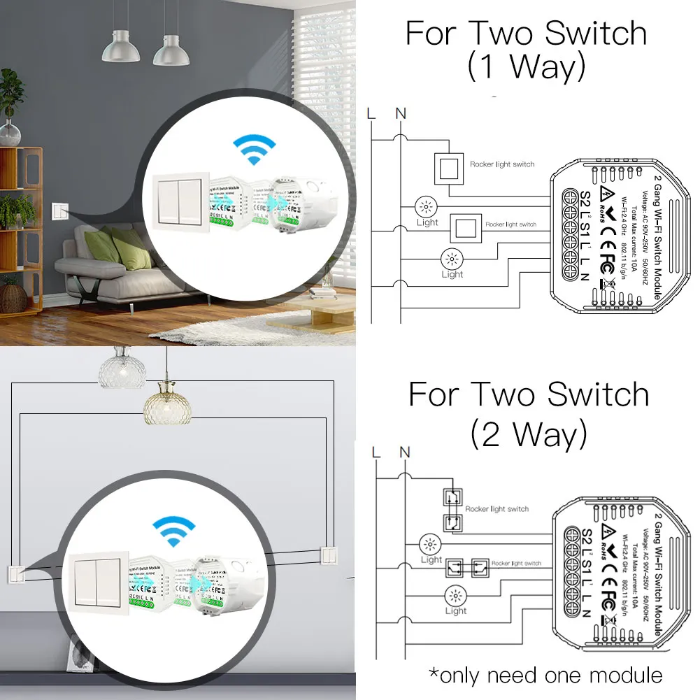 UBARO EU estándar Tuya Wifi Smart 1 Gang 2 vías escalera