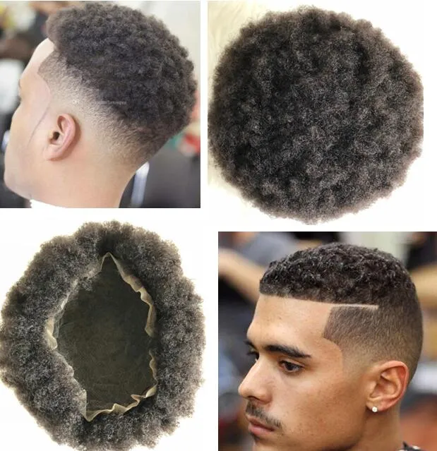 Afro-Amerikanen Afro Kinky Curl Braziliaanse Remy Menselijk Haarvervanging Mens Toupe Volledige Kanteenheid Kleur # 1B voor Zwarte Mannen Snelle Express Levering