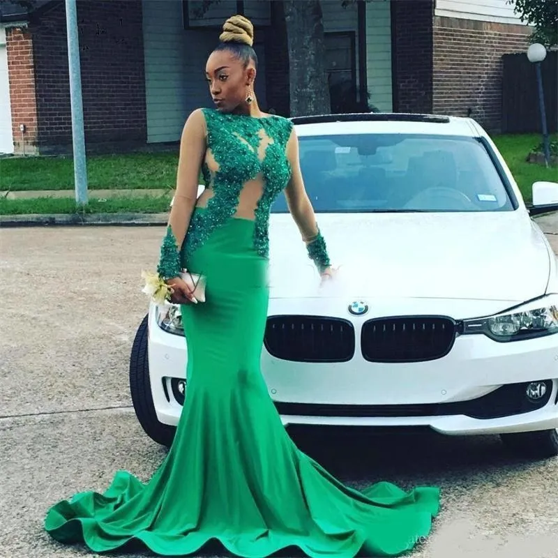 Emerald Green Mermaid Mermaid Green Prom Dress with Long Sleeves, Sweep Train, Illusion Bodice, Appliques, and Beads - Perfect for Formal Evening