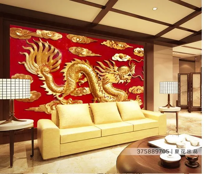 Dragon Golden Embossé Chinois Fond Mural Fond d'écran 3D Papiers muraux 3D pour la toile de fond TV