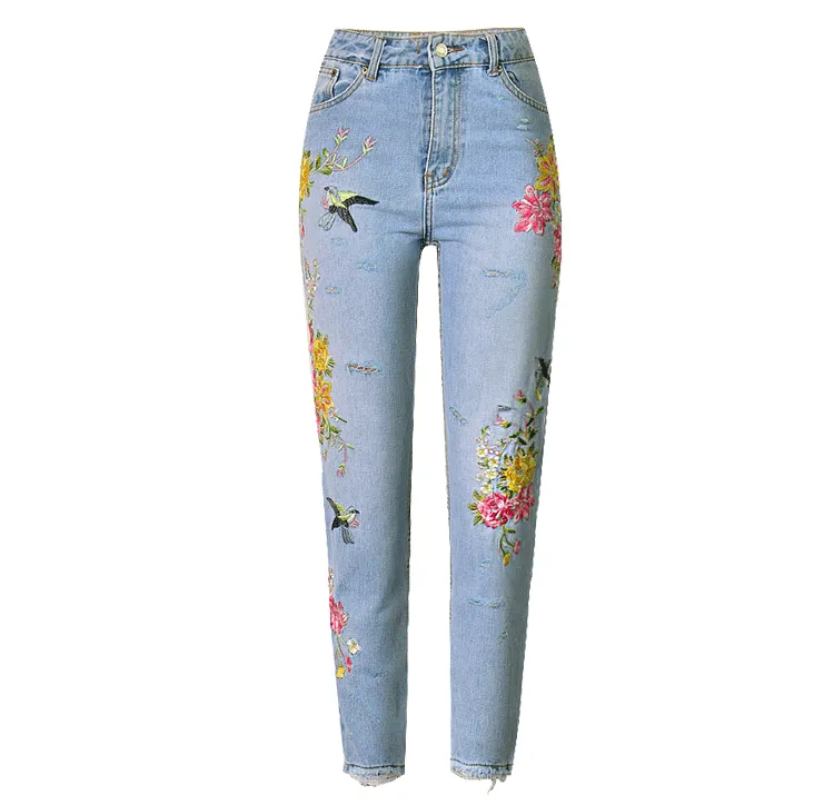 Kvinnors jeans kvinnor birdie blommor fram och baksidan broderad harajuku hög midja rak oregelbundet sliten