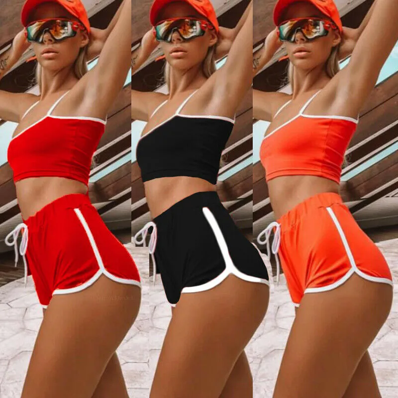 Women Sexy Patchwork Yoga Suit Workout Sports Yoga Set String Vest Short Crop Tops + Hot Shorts Pants Athletic Short Sets Hot