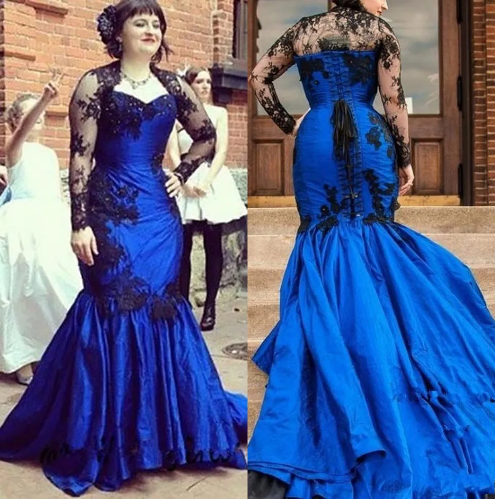 Azul royal gótico frisado sereia vestidos de baile com mangas compridas Appliqued querida pescoço vestido formal trem da varredura plus size vestidos de noite