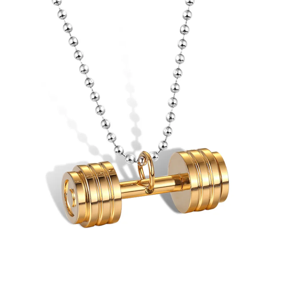 Stainless Steel Dumbbell Pendant Necklace Bodybuilding Gym Barbell