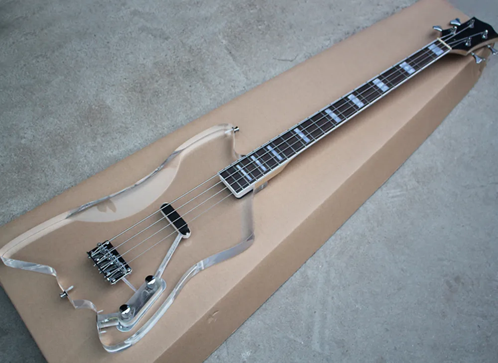 Guitare basse électrique acrylique transparente à 4 cordes en gros avec quincaillerie chromée, touche en palissandre avec reliure blanche, circuit actif