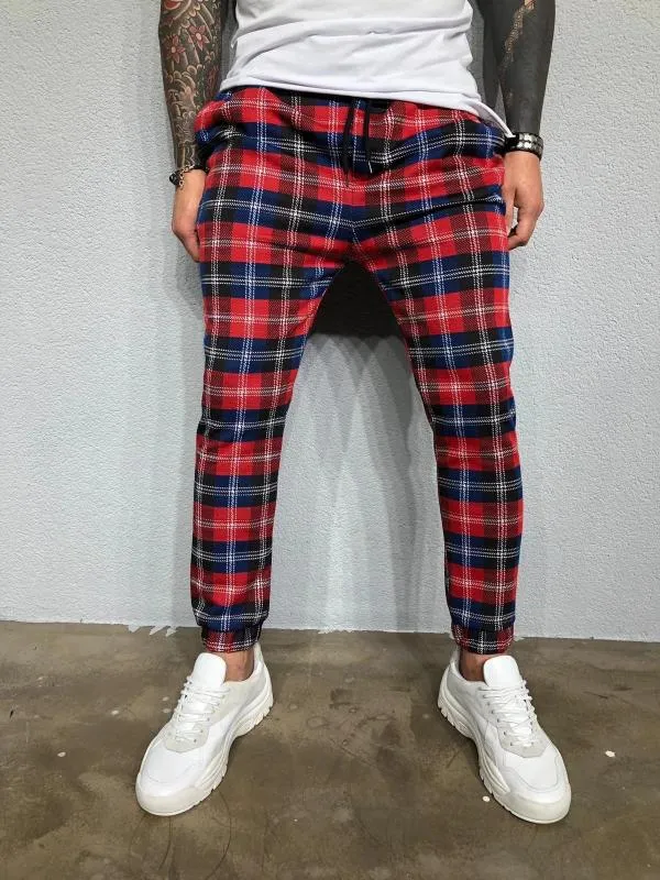 Pantalon long coupe slim à carreaux Pantalon mode décontracté Joggers Tartan Jogging Skinny Bottoms