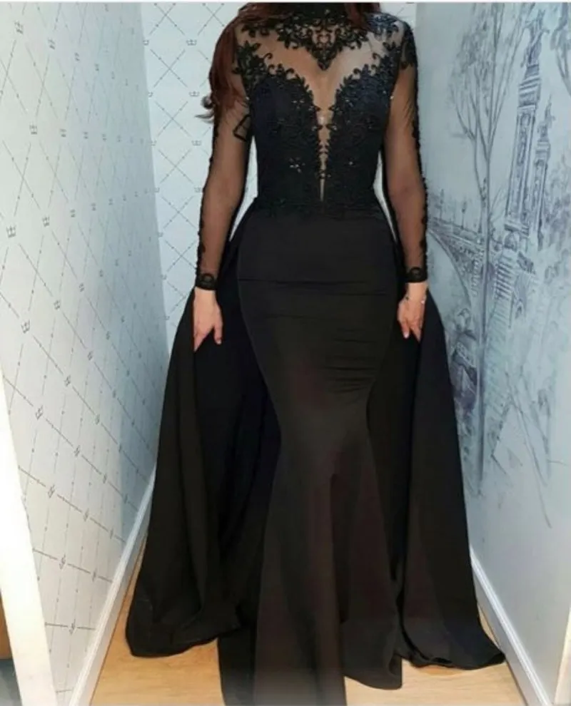Black Muslim Evening Dresses high neck Long 2020 Appliques Beaded Illusion Long Sleeves Mermaid Prom Gown Detachable Train Formal Dress